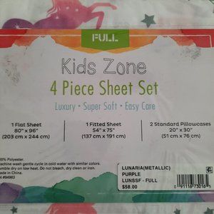 New 4 Piece Sheet Set Full Size Kids Zone Unicorn Polyester Flat Fitted & 2 Case